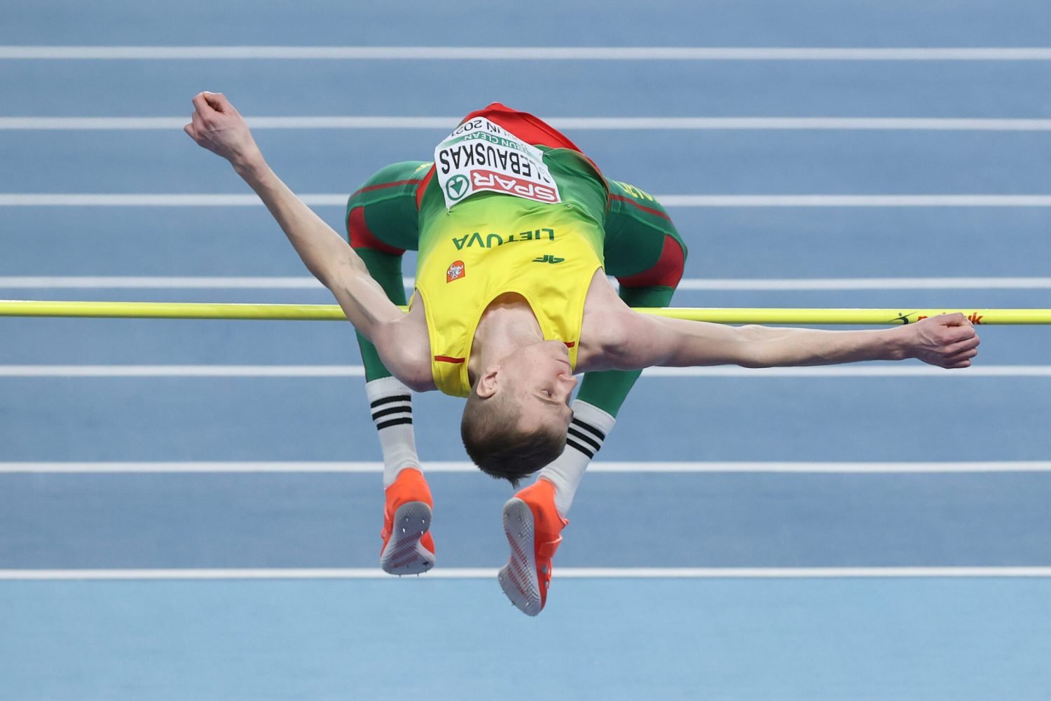 TORUN, POLAND - MARCH 07: Adrijus Glebauskas of Lithuania competes in the Men's High Jump final during the first session on Day 3 of the European Athletics Indoor Championships at Arena Torun on March 07, 2021 in Torun, Poland. Sporting stadiums around Poland remain under strict restrictions due to the Coronavirus Pandemic as Government social distancing laws prohibit fans inside venues resulting in games being played behind closed doors. (Photo by Alexander Hassenstein/Getty Images for European Athletics)