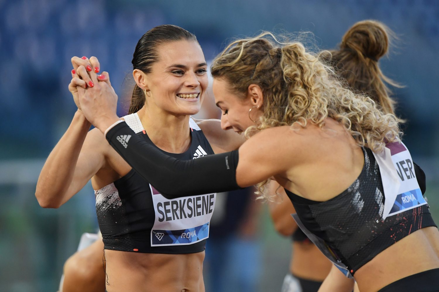 Athletics - Diamond League - Rome - Stadio Olimpico, Rome, Italy - September 17, 2020   Netherlands' Lieke Klaver celebrates winning the women's 400 metres with Lithuania's Agne Serksniene   REUTERS/Alberto Lingria