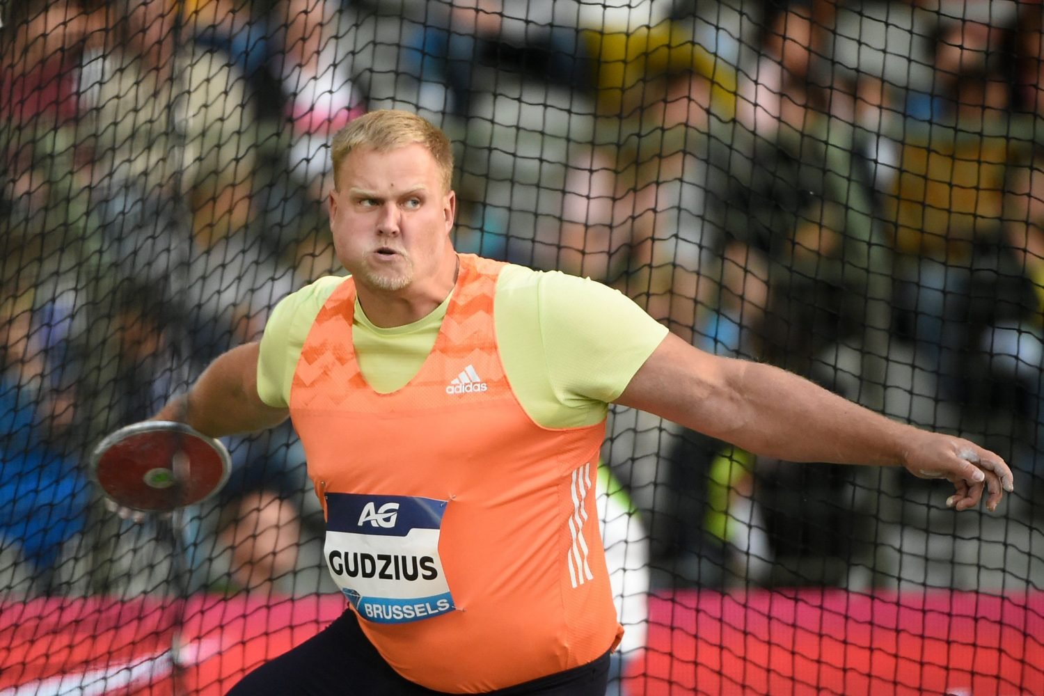 Lithuania's Andrius Gudzius competes in the men's Discus Throw final during the IAAF Diamond League "Memorial Van Damme" athletics meeting at the King Baudouin Stadium in Brussels on August 31, 2018 (Photo by JOHN THYS / AFP)