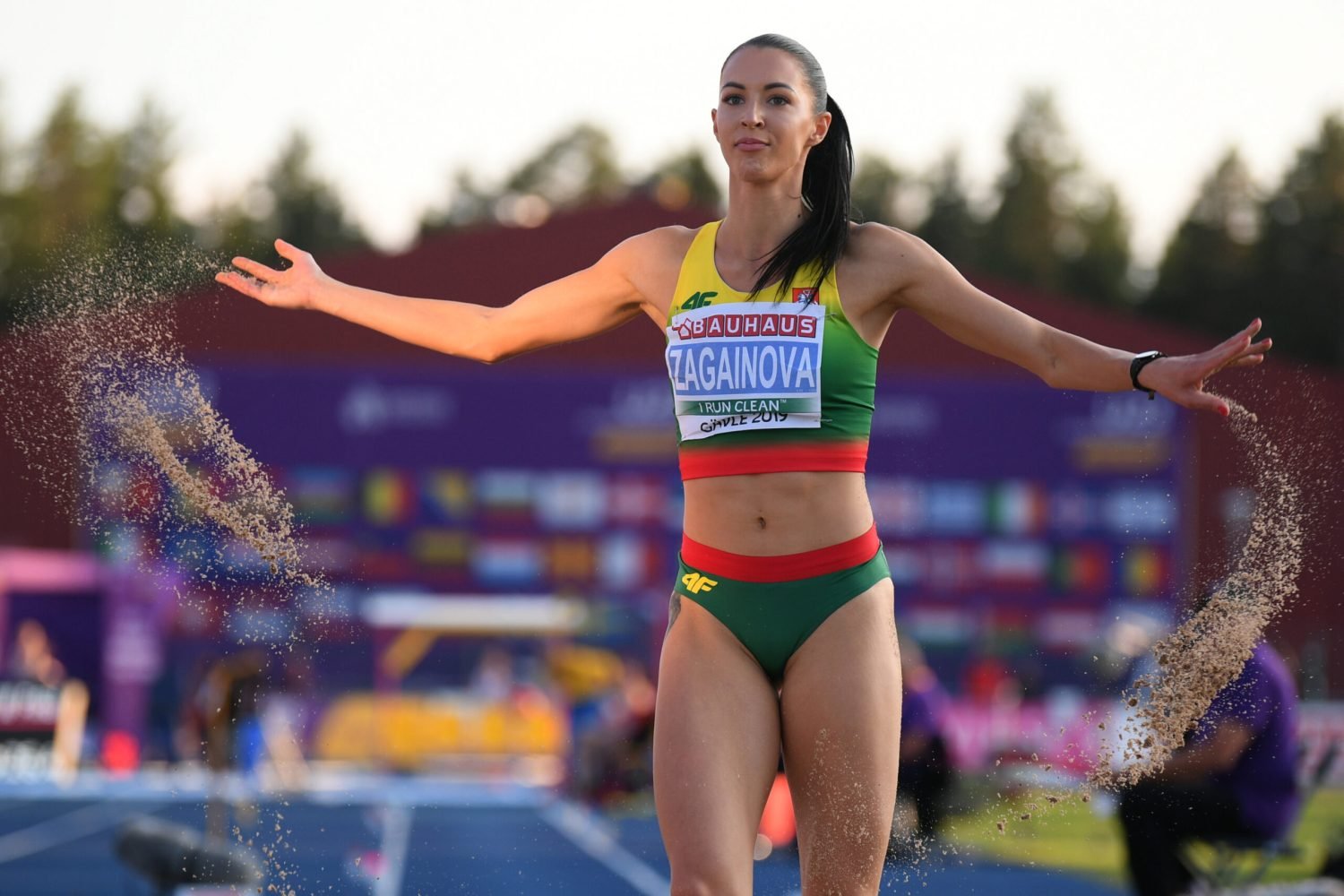 GAVLE, SWEDEN - JULY 12: Diana Zagainova of Lithuania celebrate after the Women's triple jump final during day two of the European Athletics U23 Championships 2019 at the Gavlestadion on July 12, 2019 in Gavle, Sweden. (Photo by Oliver Hardt/Getty Images for European Athletics)