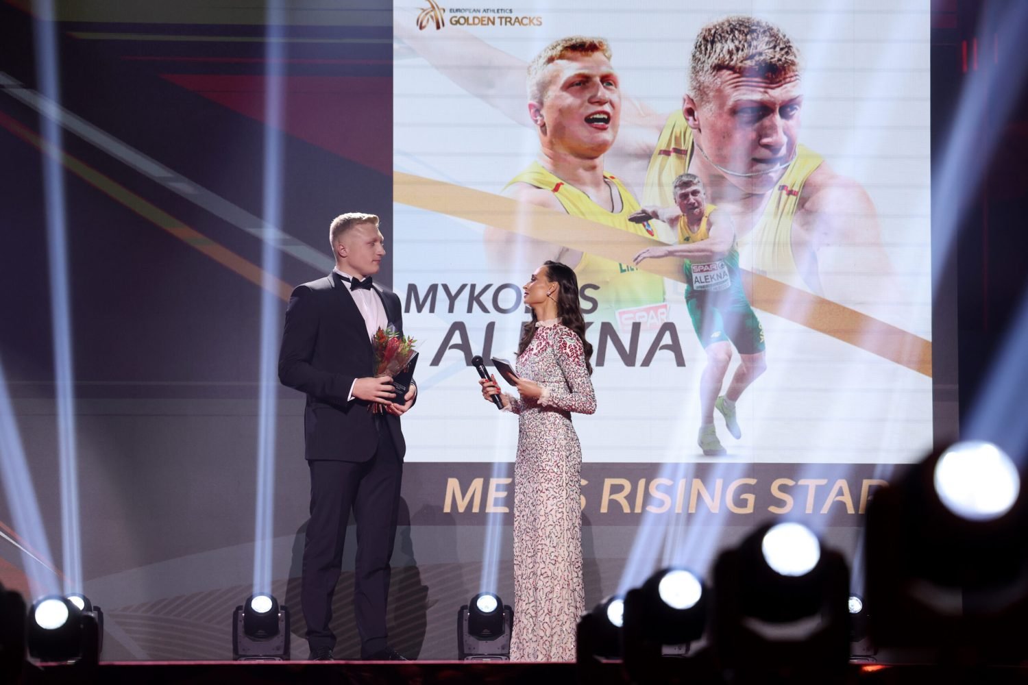 TALLINN, ESTONIA - OCTOBER 22: Mykolas Alekna of Lithuania is presented with the Men’s Rising Star Award during the Golden Tracks Award Ceremony on October 22, 2022 in Tallinn, Estonia. (Photo by Joosep Martinson/Getty Images for European Athletics)