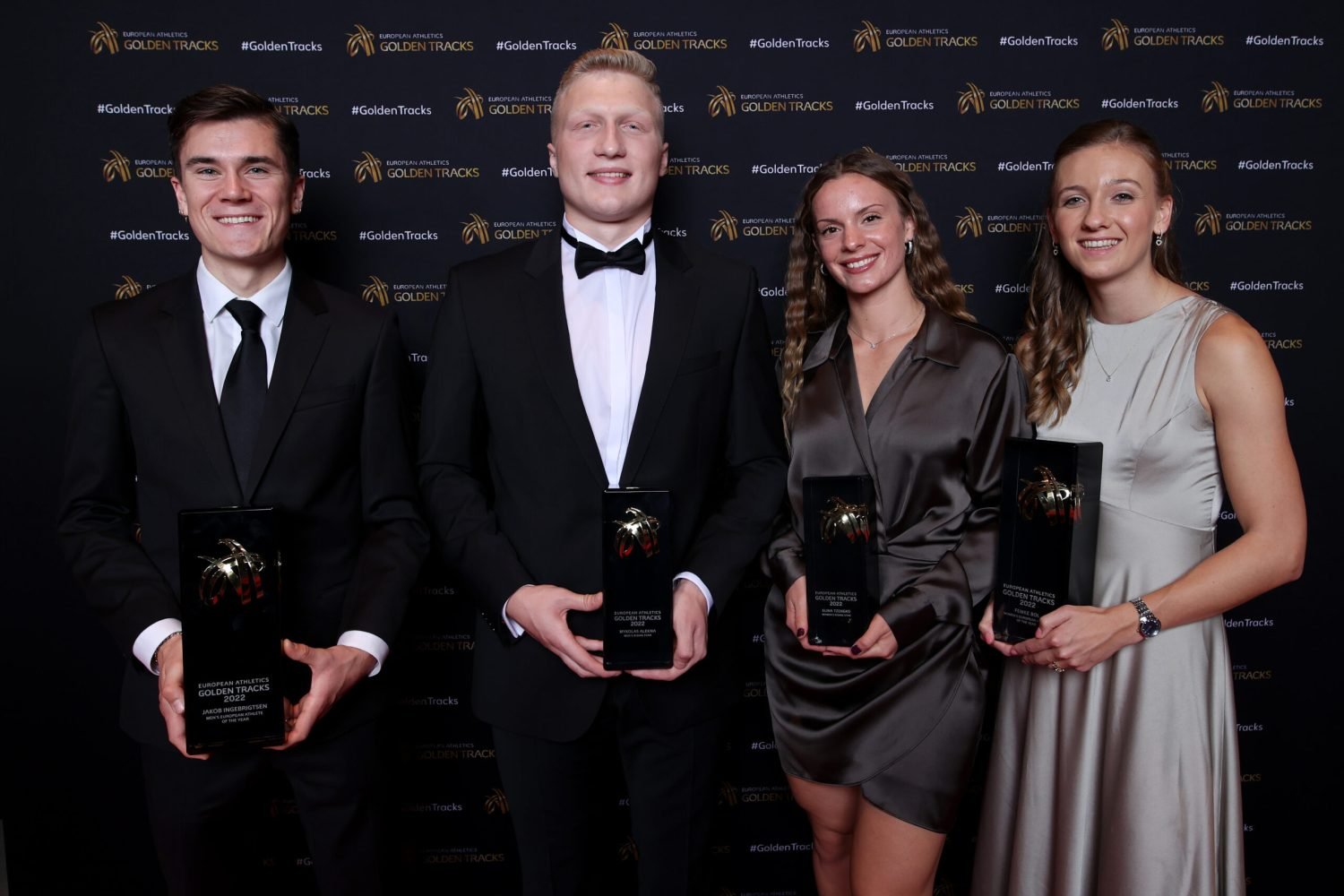 TALLINN, ESTONIA - OCTOBER 22: (L-R) Jakob Ingebrigtsen of Norway poses with the Men’s European Athlete of the Year Award , Mykolas Alekna of Lithuania poses with the Men’s Rising Star Award, Elina Tzengko of Greece poses with the Women’s Rising Star Award and Femke Bol of Netherlands poses with the Women’s European Athlete of the Year Award during the Golden Tracks Award Ceremony on October 22, 2022 in Tallinn, Estonia. (Photo by Joosep Martinson/Getty Images for European Athletics)